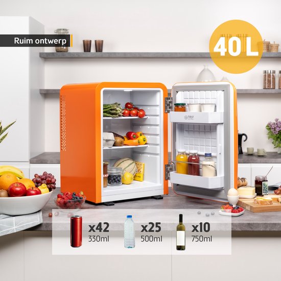 TZS First Austria Mini koelkast - Minibar - 40 liter - Vrijstaand - Volledig stil 22dB - Retro - Oranje van TZS First Austria — afbeelding 4