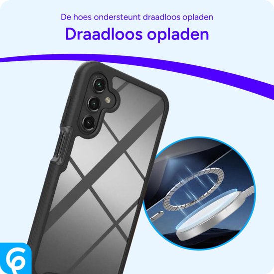 Coque de téléphone transparente et noire avec dos noir mat, prend en charge la charge sans fil. Petite image ronde montrant la coque sur un chargeur sans fil.