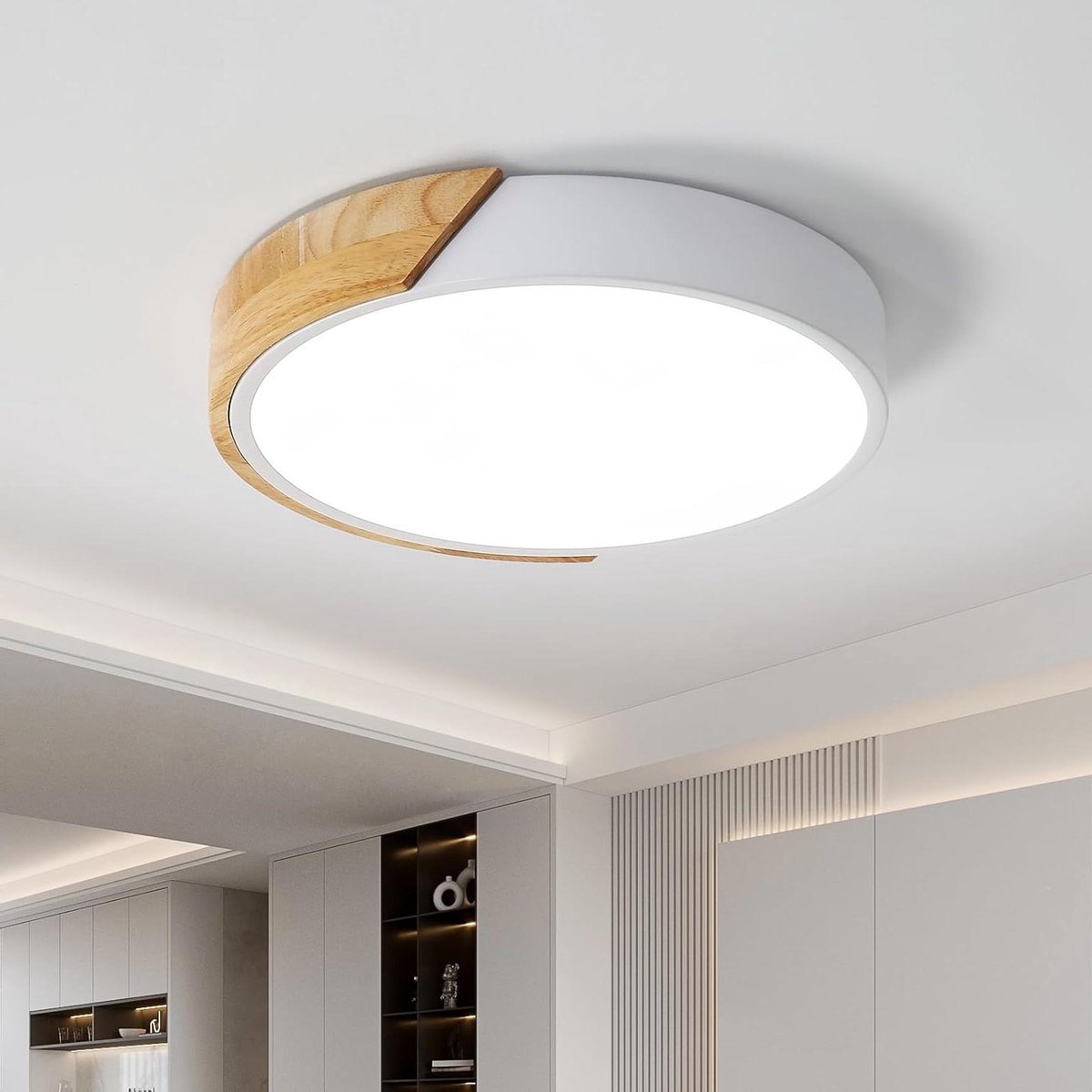 Plafondlamp Rond Hout 24W Binnenverlichting 6000K (Koel Wit) Moderne Ø30*5CM voor Badkamer Slaapkamer Keuken Woonkamer Eetkamer Kantoor (Wit) LED