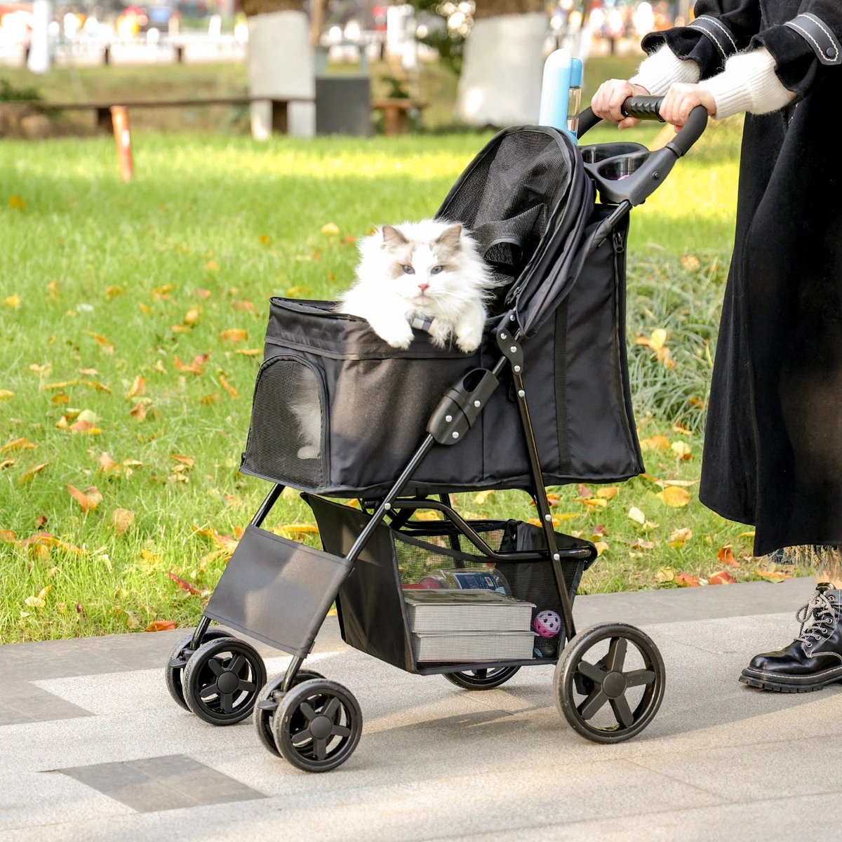 Hondenbuggy - Wagen - Huisdieren - Gaasvensters - Vouwbare - Lichtgewicht - 360° Slijtvrije Rubberwielen - met Grote Opbergruimte - Buitenwandelen - Voor Kleine Honden en Katten - Tot 40 kg - Beige