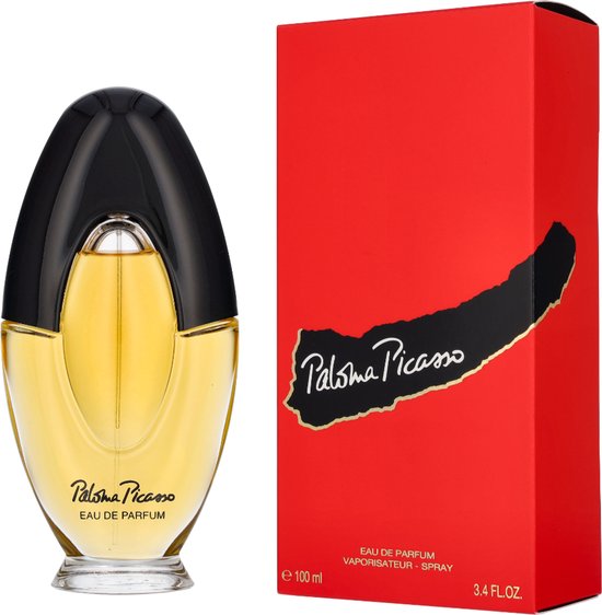 Zwarte ovale parfumfles met gele vloeistof en rode doos met Paloma Picasso logo.