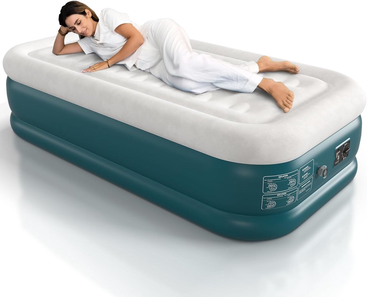Twin luchtmatras met ingebouwde pomp - Snel zelfopblazend, 18 inch hoog - Perfect voor binnen en buiten