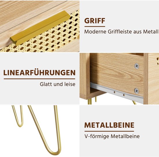 Set de 2 tables de chevet, design en rotin, table d'appoint avec 1 tiroir et 1 compartiment de rangement ouvert, table de chevet, pieds en métal, table de chevet, table de canapé pour chambre/salon, marron clair