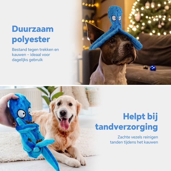 Hond met blauwe octopusknuffel op zijn hoofd; hond likt aan een blauwe octopusknuffel.