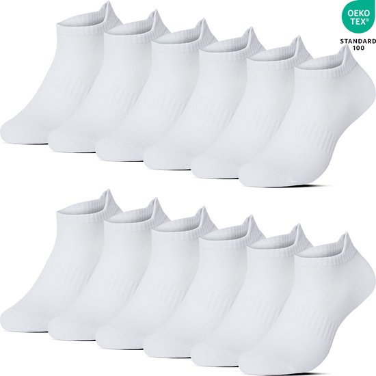 12 Paar Sneakersokken Enkelsokken Sportsokken met Lipje - Zakt niet af - Katoen - Wit - Maat 43-46 - Heren Dames Unisex - Zomersokken - Lage Sokken B-6052