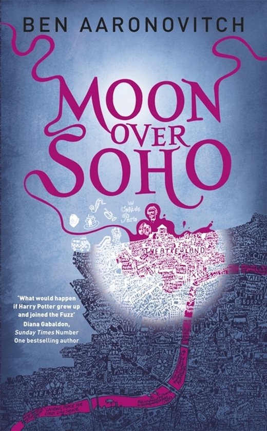 Boekomslag van "Moon over Soho" door Ben Aaronovitch, met een kaart van Londen en tekst.
