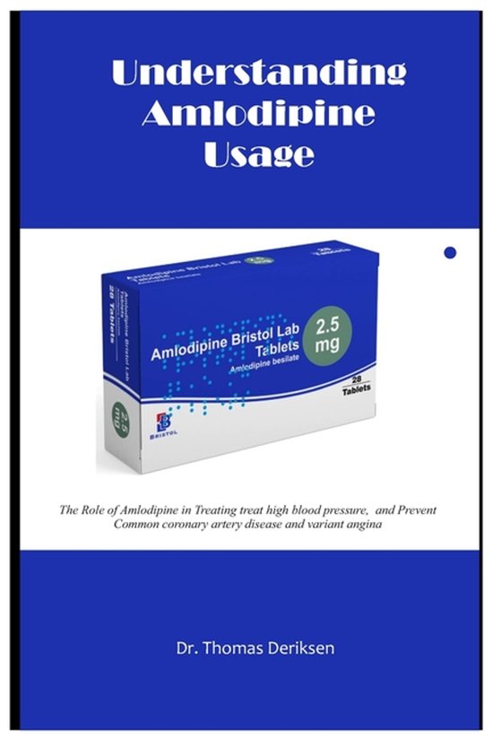 Boekomslag getiteld 'Understanding Amlodipine Usage' met een doosje Amlodipine 2.5mg tabletten van Bristol Lab.