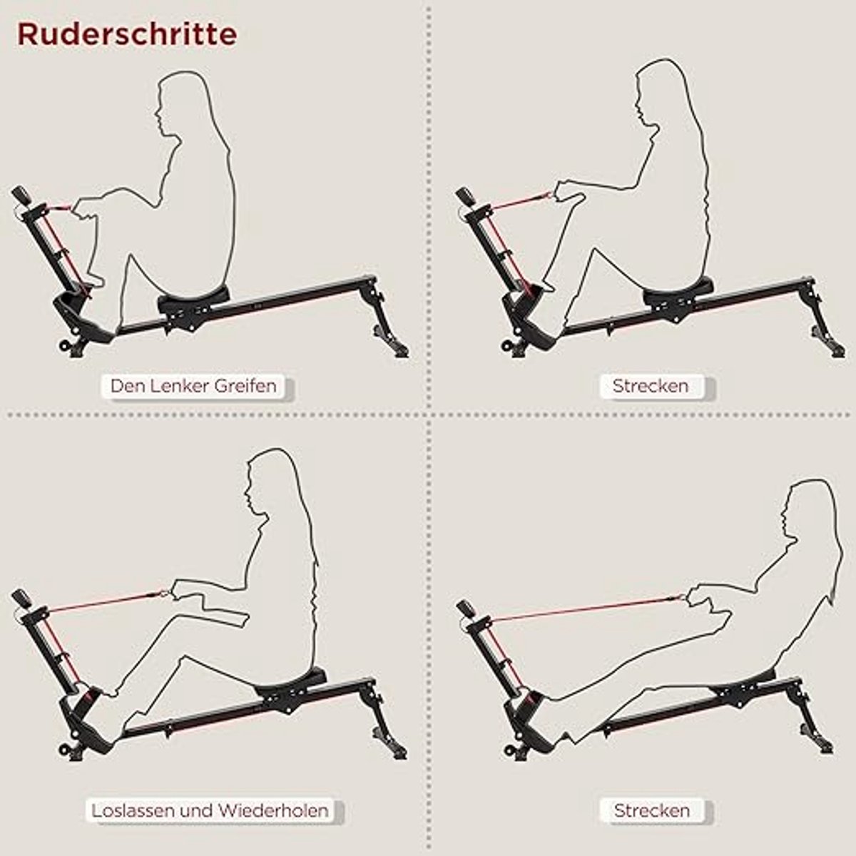 Roeitrainer Inklapbaar Fitness Zwart en Rood Verstelbare - afbeelding 3