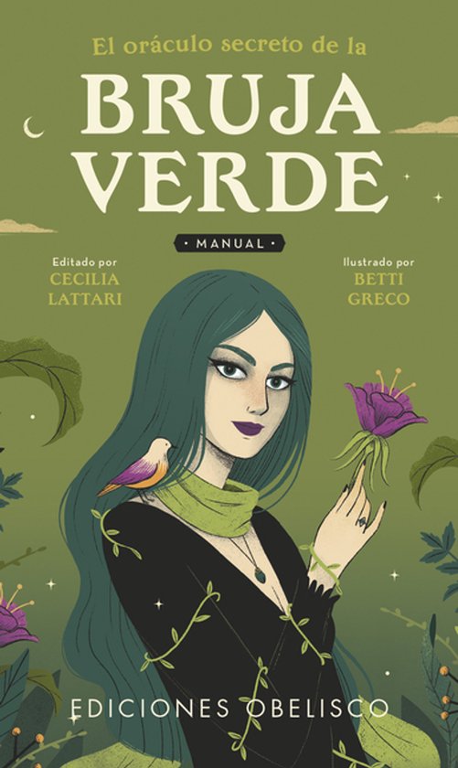 Boekomslag 'El oráculo secreto de la BRUJA VERDE', met een groene heks met lange groene haren en een vogel op haar schouder.