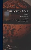 De kaft van het boek 'The South Pole', Volume 2, door Roald Amundsen. De tekst staat op een gedetailleerde aardbol.