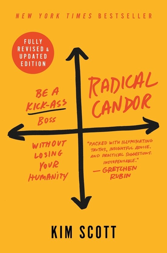 Boek 'Radical Candor' door Kim Scott. Gele kaft met zwarte assen en rode cirkel met 'Fully Revised & Updated Edition'.