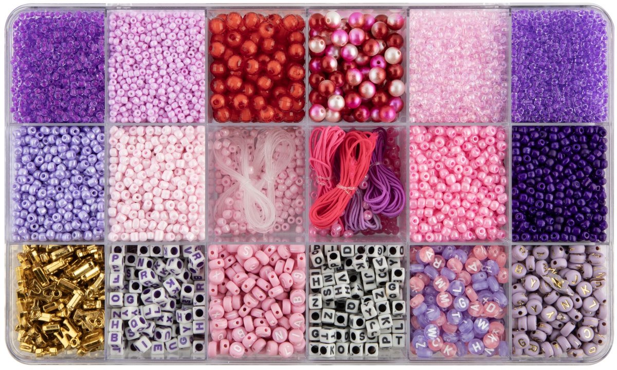 Luxe Armbandjes maken Meisjes Kralenset 10.000pcs - Royal Pink Dreams - ABC Beads, Glass Beads en Elastiek - Opbergdoos 27x16x4cm - Joya Creative — afbeelding 5