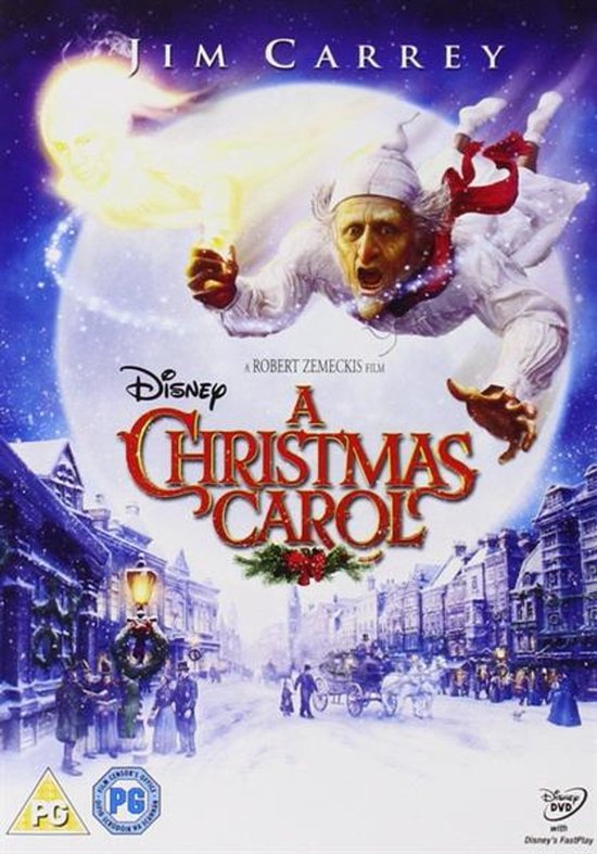 Jim Carrey als een kerstgeest die boven een met sneeuw bedekte stad zweeft, met de titel 'A Christmas Carol'.