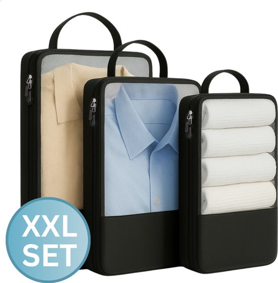 Drie zwarte compressie cubes met mesh voorkant, met kleding. Cirkel met 'XXL SET' erin.