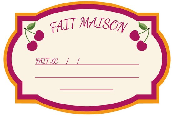 Étiquette avec 'Fait Maison' et des cerises, avec espace pour la date et le texte.