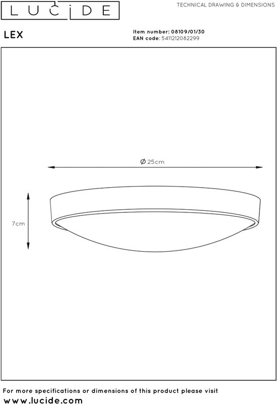 Technische tekening van Lucide LEX: Ø 25 cm, 7 cm hoog.