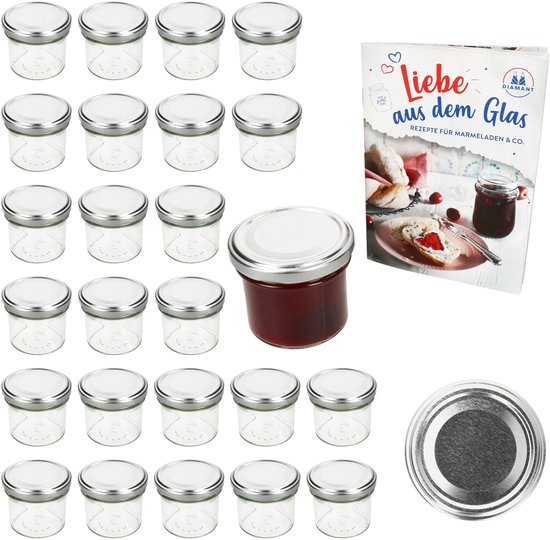 Set van 25 bekers 125 ml jampot inmaakpot Inmaakpot Naar 66 zilveren deksel incl. diamanten suiker gelei receptenboekje