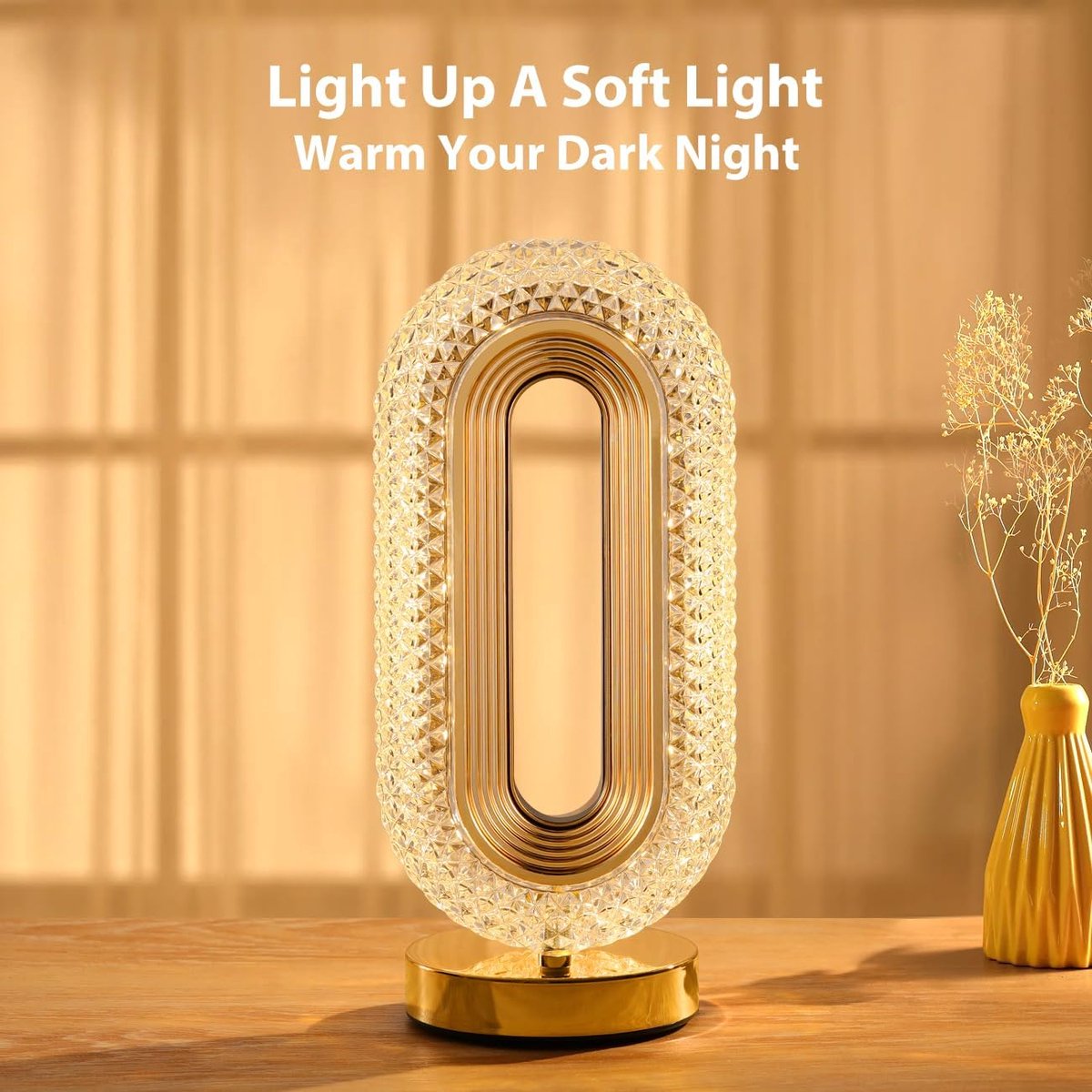 100pcs，Tafellamp, traploos dimbare touchlamp met 3 kleuren, oplaadbaar nachtlampje met USB-poort, moderne ovale kristallen lamp voor op het nachtkastje, bureau, slaapkamer, woonkamer, woondecoratie thumbnail 4