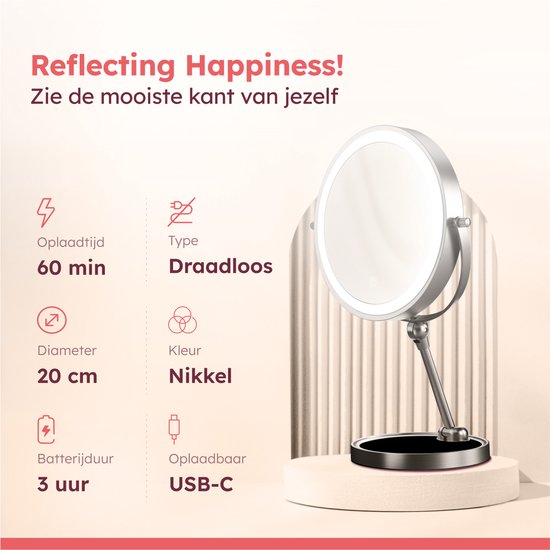 Fraay spiegel Nikkel. Oplaadtijd 60 min, batterijduur 3 uur. Diameter 20 cm. Draadloos, oplaadbaar via USB-C.