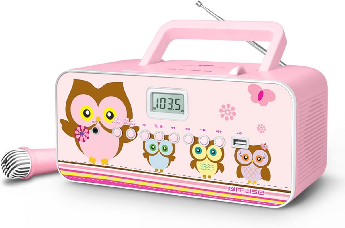 CD-Radio voor Kinderen met Karaoke en Microfoon - Draagbare Muziekspeeler met USB en AUX-In, Roze Uilmotief
