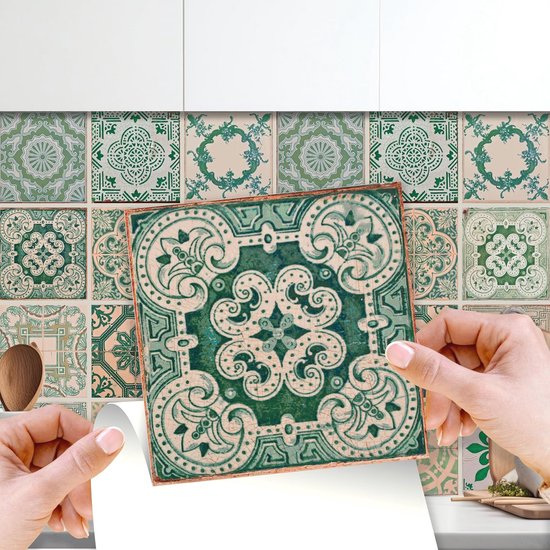Zelfklevende Tegelstickers Vintage Groen Antiek Azulejo – 24 Stuks 15 x