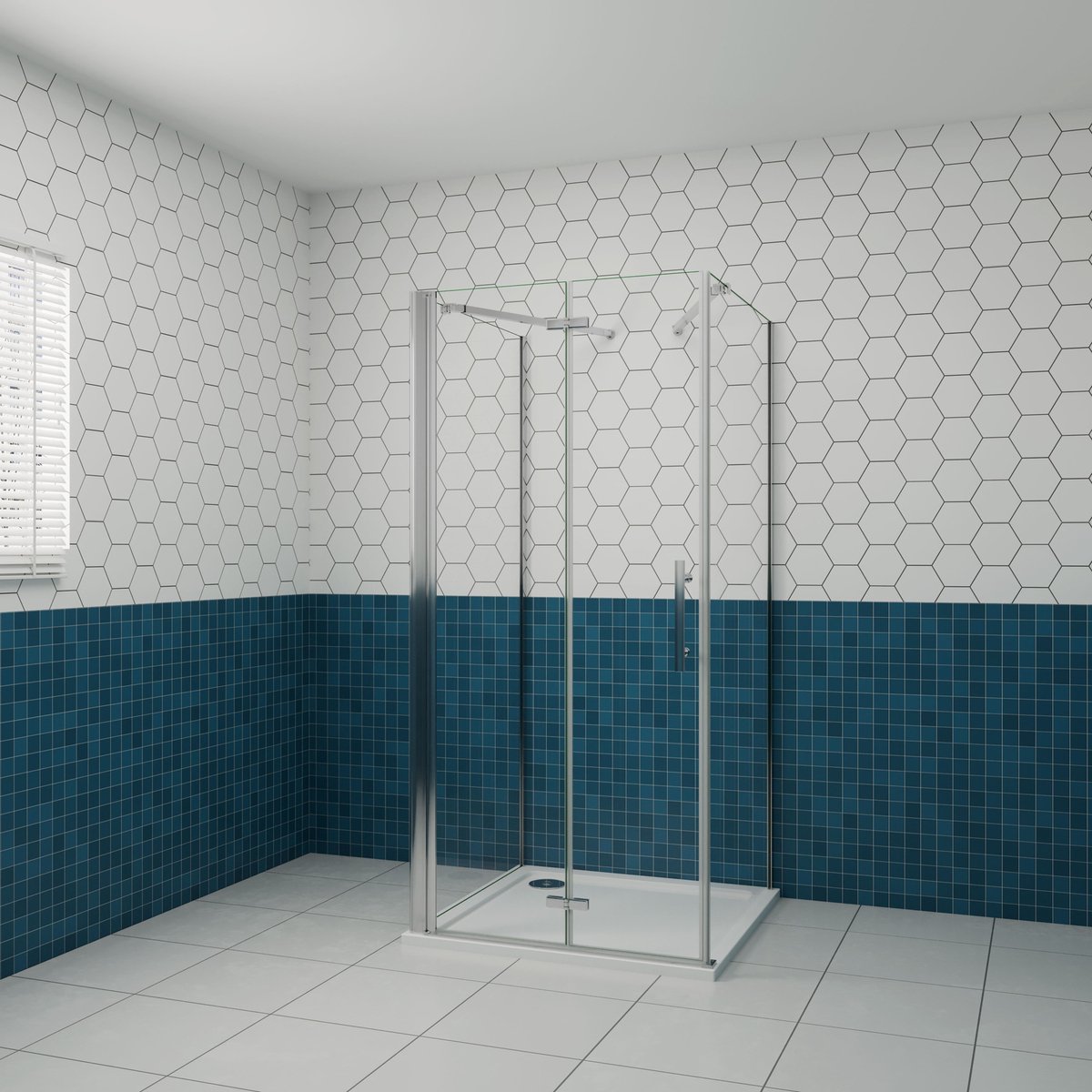 B:70xD:70xH:195cm Douchecabine, draaideur + zijpanelen 6mm NANO EasyClean veiligheidsglas, met twee stabilisatiestangen 70-120cm (verstelbaar), profiel van glanzend chroom.