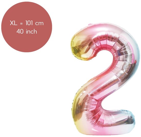 Fienosa Regenboog kleuren Cijfer 2 Ballon 101 CM - Numme - Leeftijd 2 - XL Groot - Helium Ballon- Verjaardag Ballon - Verjaardag versiering - Verjaardag Decoratie - Leeftijd verjaardag - Verjaardagsballon - Verjaardag