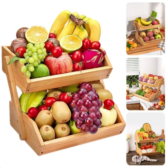 Tweelaags bamboe fruitmand gevuld met diverse vruchten zoals bananen, druiven, appels en drakenfruit.