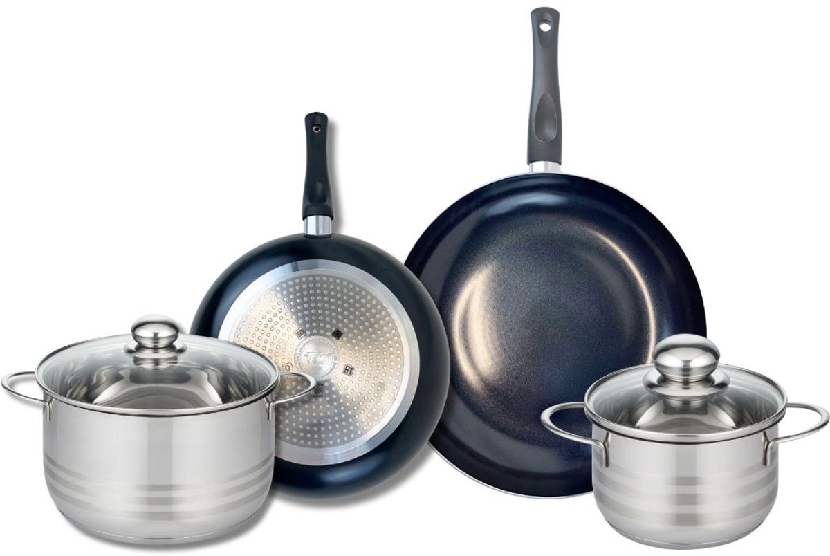 Set van 2 Koekenpannen 24 en 28 cm en 2 kookpotten 16 en 20 cm Elo Prima Glanzend