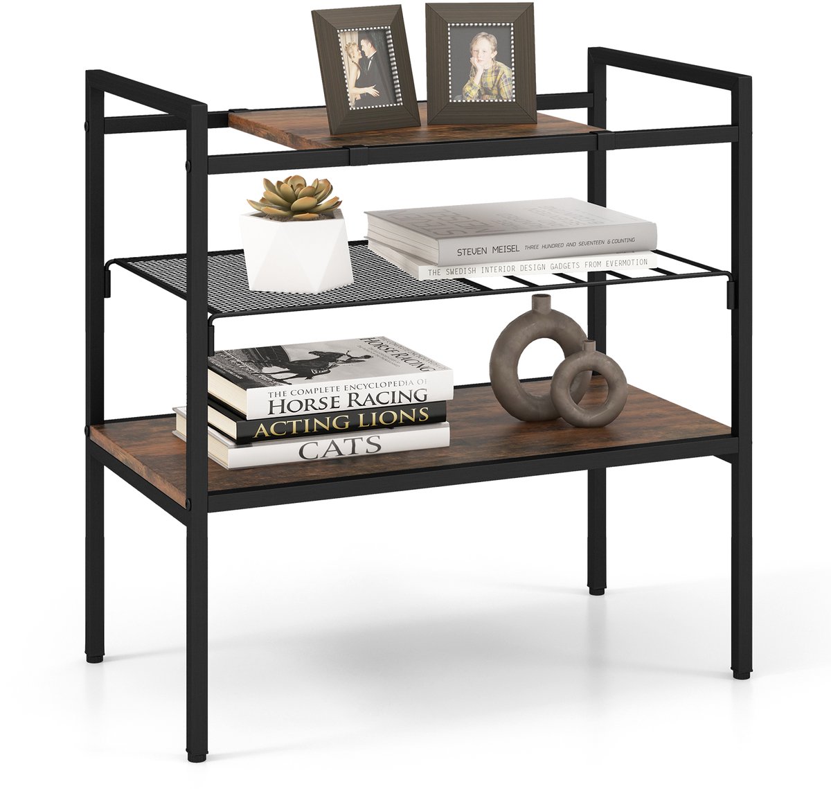 Costway Bijzettafel met afneembare plaat en roosterplank, salontafel met metalen frame, opbergrek met 3 niveaus voor woonkamer, slaapkamer, industrieel design, 60 x 33,5 x 61 cm Bruin