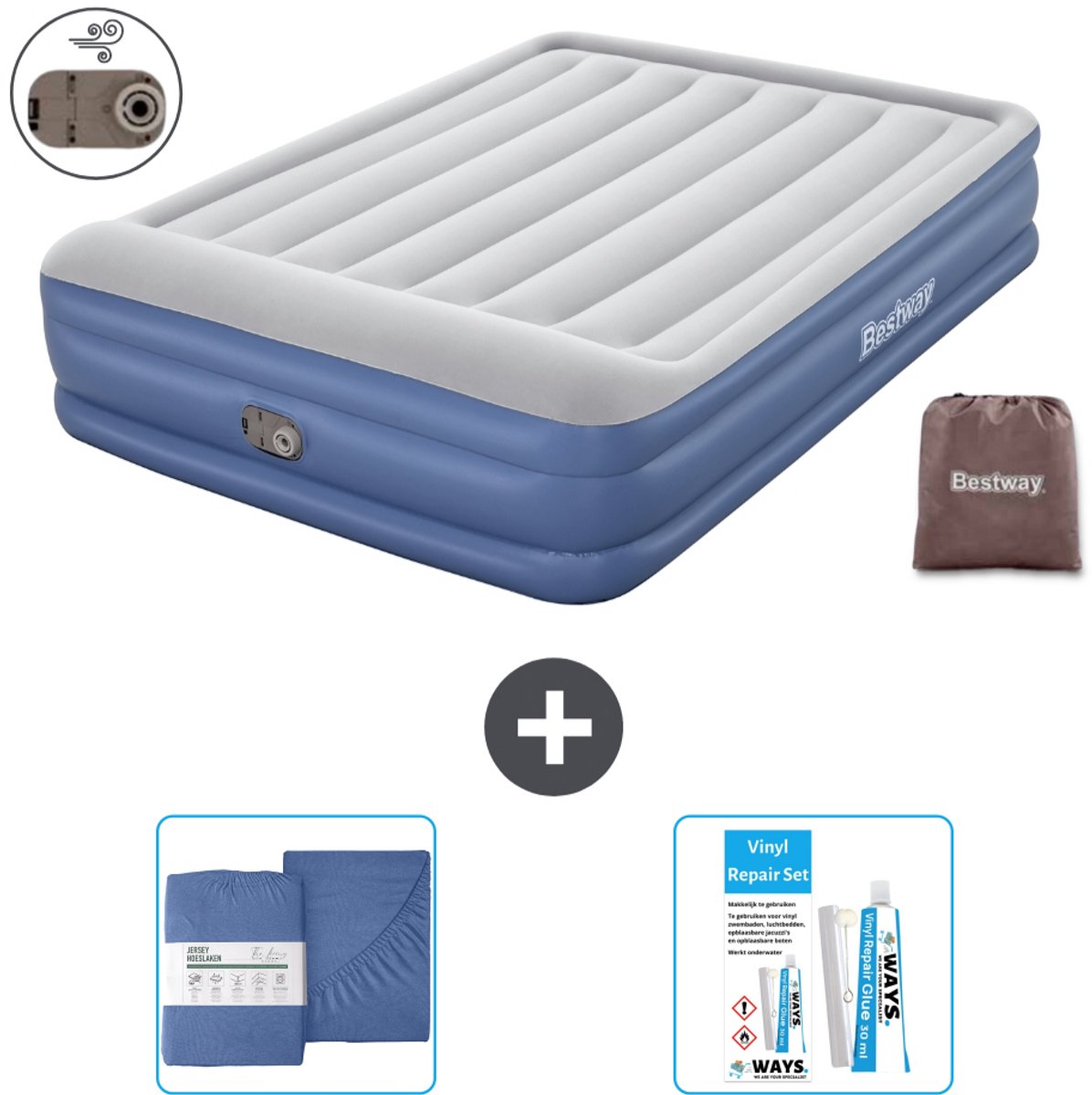 Bestway luchtbed - 2-Persoons - 152 x 203 x 46 cm - Grijs/Blauw - Inclusief pomp - Hoeslaken en Reparatieset