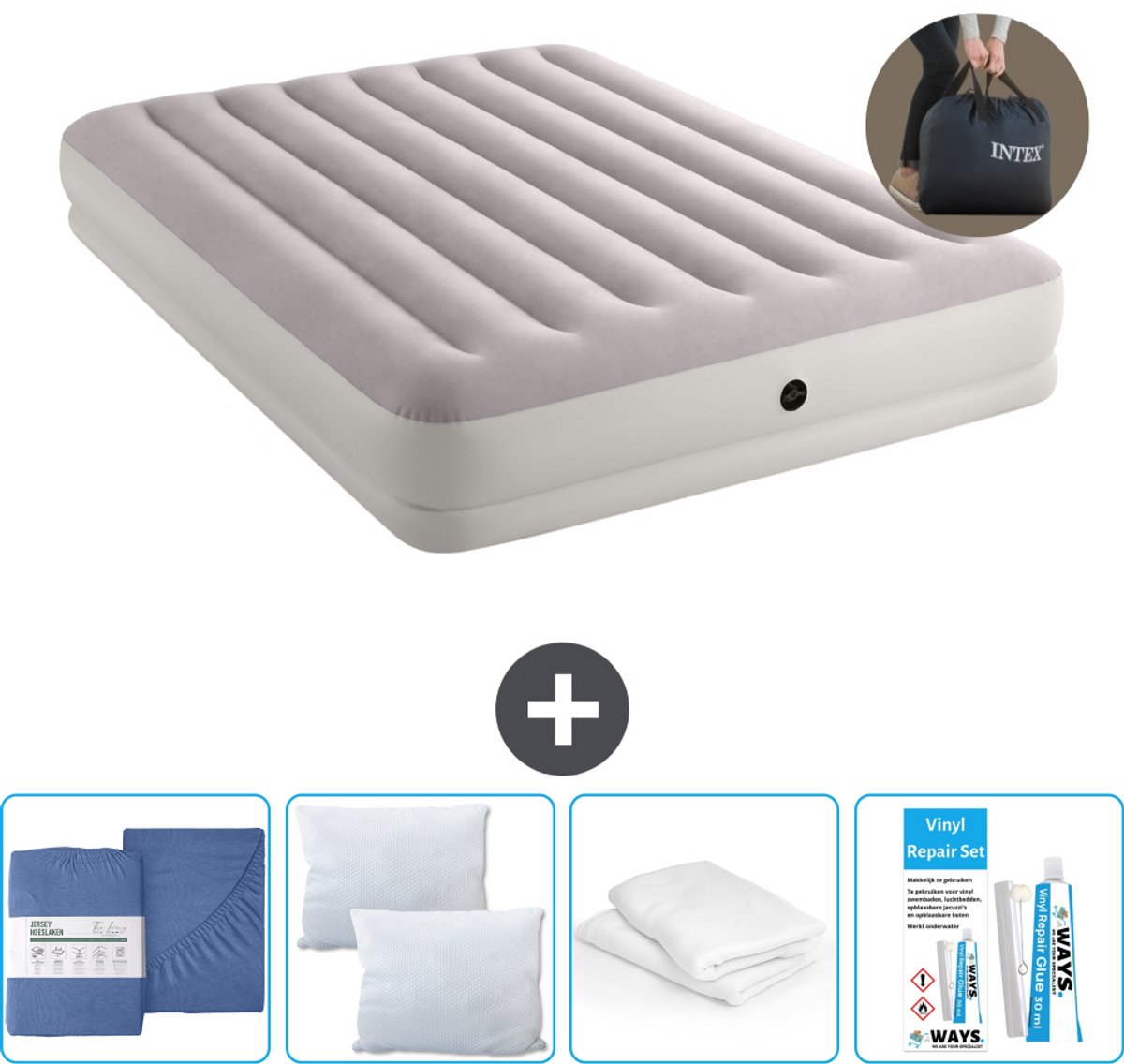 Intex Luchtbed - 2-Persoons - 152 x 203 x 30 cm - Grijs - Inclusief pomp - Hoeslaken - Kussen - Reparatieset en Kussenbeschermer