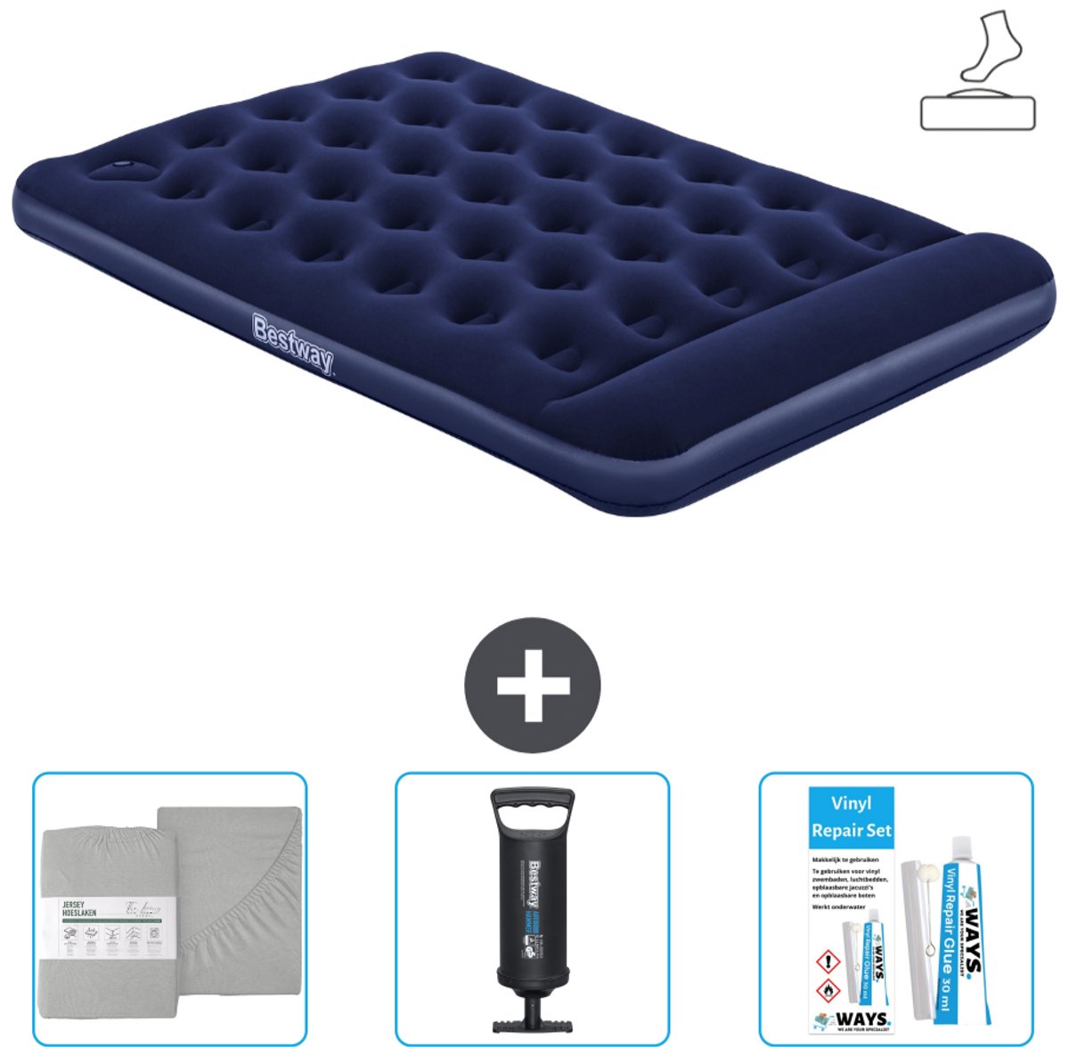 Bestway luchtbed - Twijfelaar - 137 x 191 x 28 cm - Blauw - Inclusief pomp - Hoeslaken - Pomp en Reparatieset