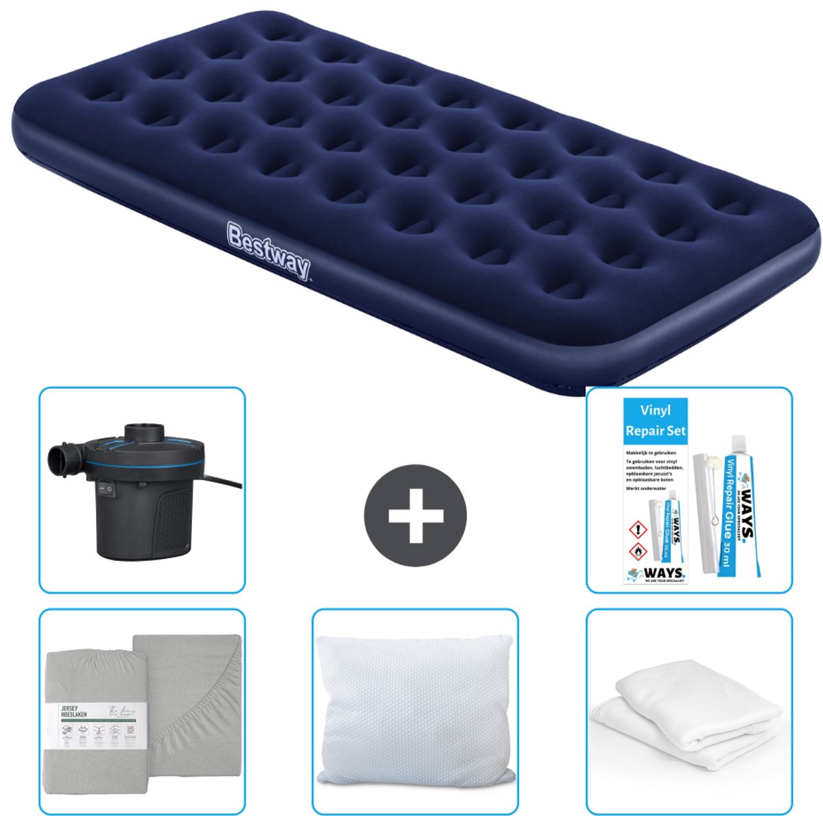 Bestway luchtbed - 1-Persoons - 99 x 188 x 22 cm - Blauw - Inclusief Hoeslaken - Kussen - Kussenbeschermer - Pomp en Reparatieset
