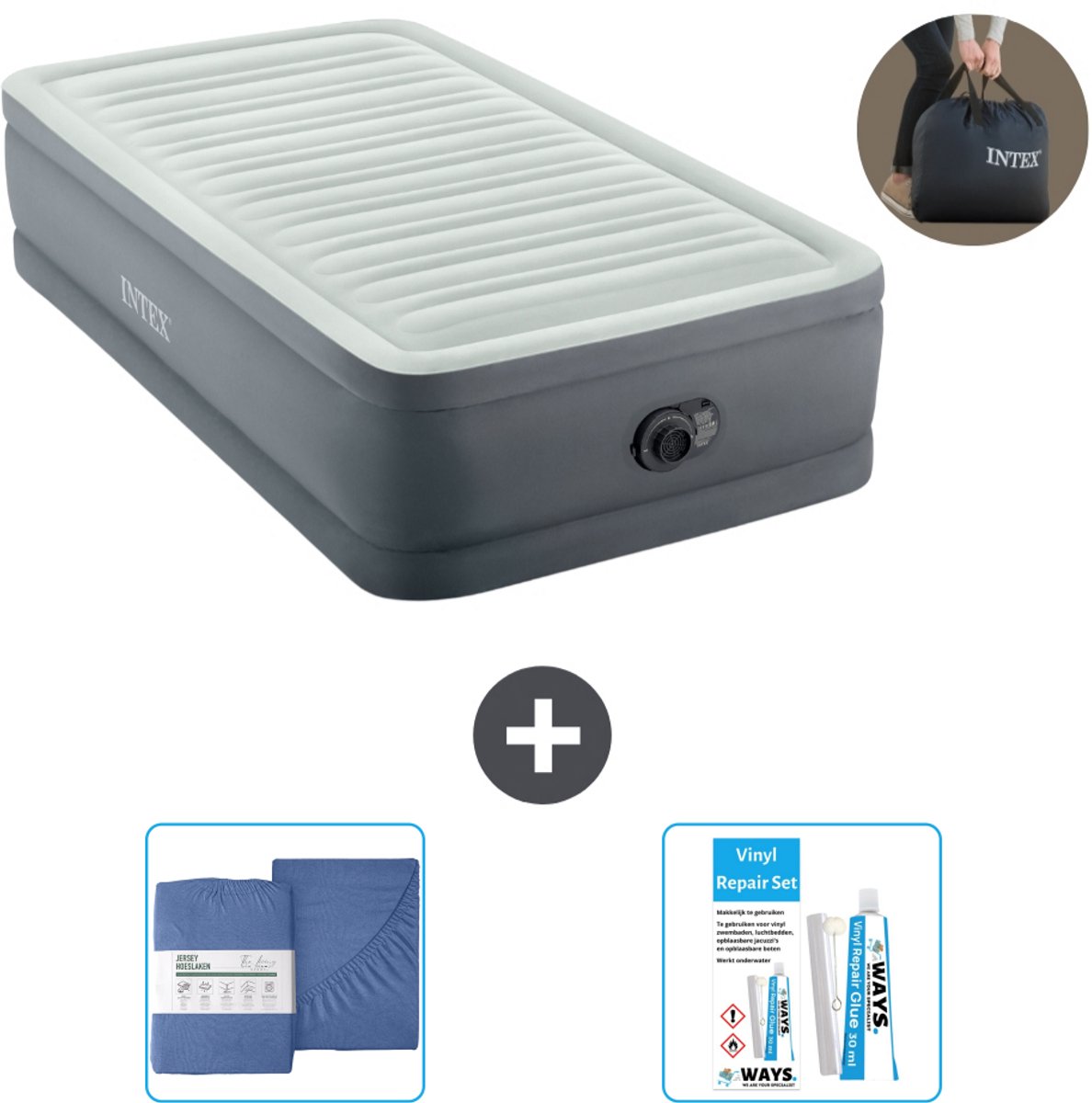 Intex Luchtbed - 1-Persoons - 99 x 191 x 46 cm - Grijs - Inclusief pomp - Hoeslaken en Reparatieset
