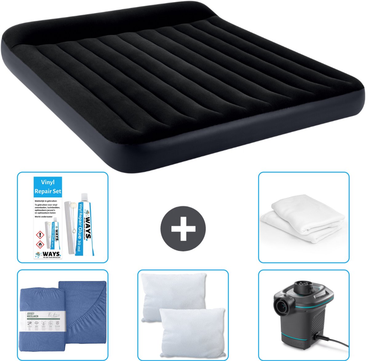 Intex Luchtbed - 2-Persoons - 183 x 203 x 25 cm - Donkerblauw - Inclusief Hoeslaken - Kussen - Pomp - Reparatieset en Kussenbeschermer