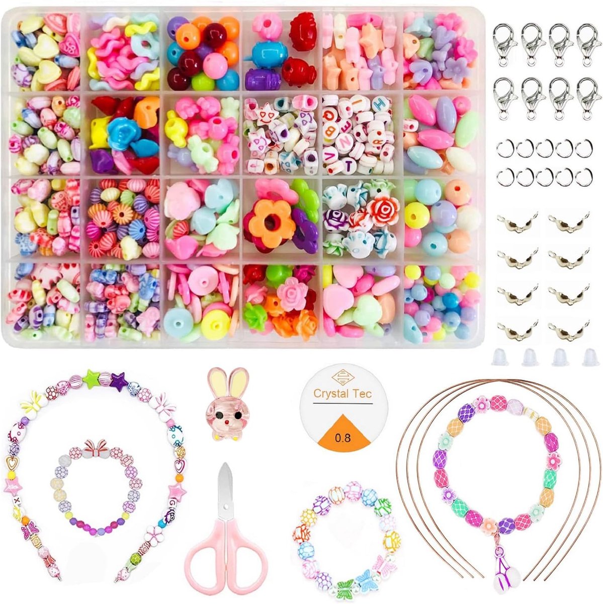 Kinderen Kralen om te Rijgen, Knutselset Doe-Het-Zelf Knutselen Snoerset Armbanden Halskettingen Kunsthandwerk Cadeauset voor Meisjes Kinderen van 5+ Jaar, 24 Cellen, Mix en Match Stijl