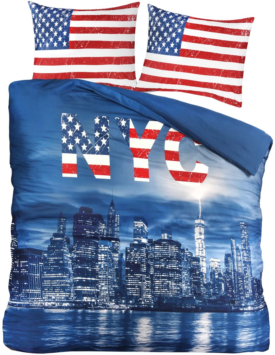 decoware Dekbedovertrek New York 200x200 cm – Microvezel – Urban Thema - Met Kussenslopen – Tweepersoons Blauw