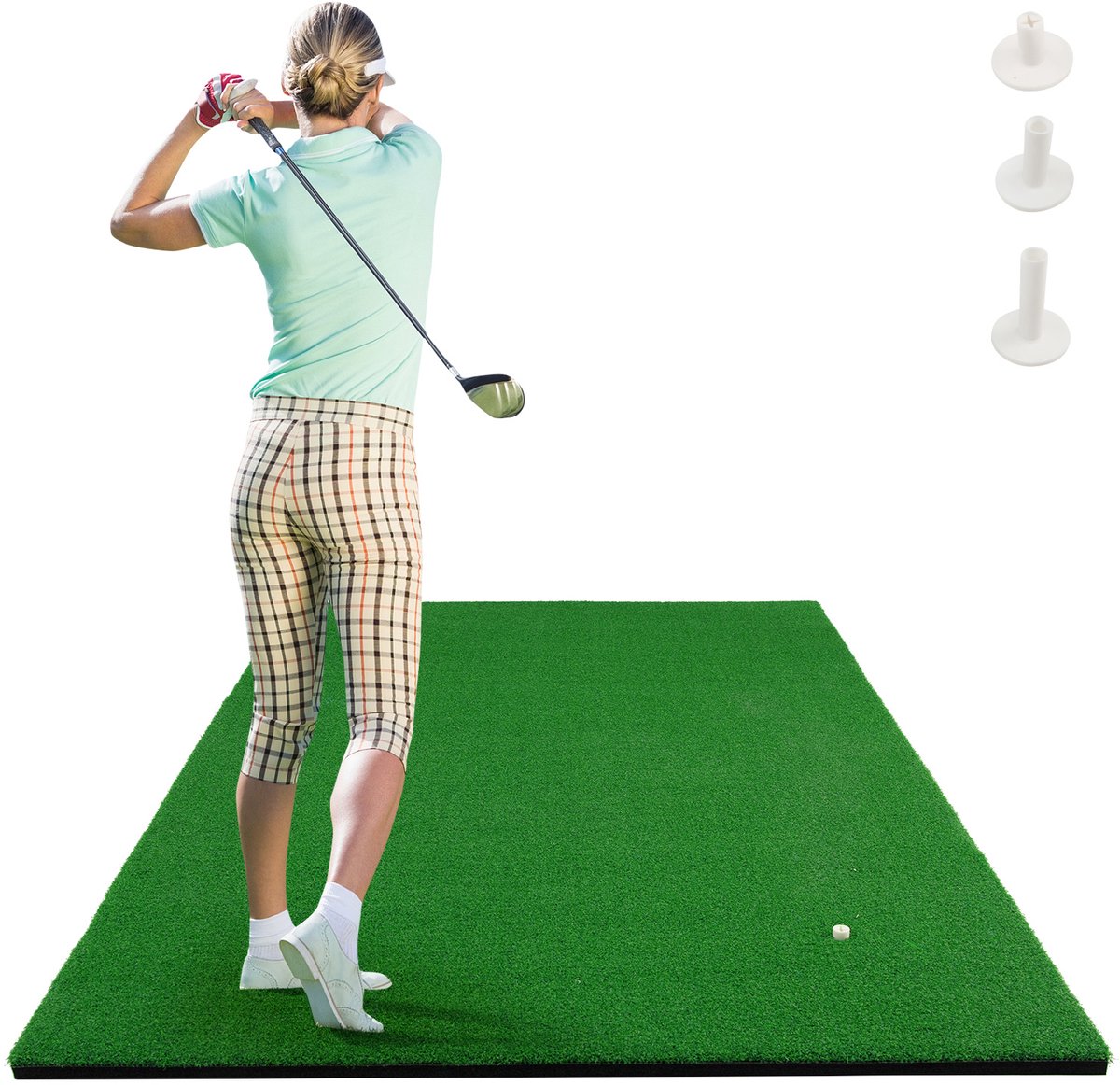 COSTWAY Golf Übungsmatte 150 x 100cm - Afslagmat Golf PP TPR - Oefenmat Golf - Golf Accessoire - met 3 rubberen tees en 2 tee-posities - binnen en buiten