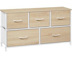 warraich-Productontwikkelaar van ladekasten met vijf lades en vintage houtlook op metalen frame-Licht Eiken + Wit