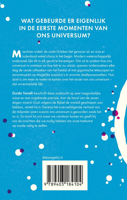 Boek met de titel "Wat gebeurde er eigenlijk in de eerste momenten van ons universum?" en een afbeelding van de barcode.