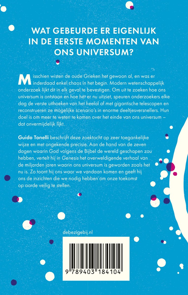 Boek met de titel "Wat gebeurde er eigenlijk in de eerste momenten van ons universum?" en een afbeelding van de barcode.