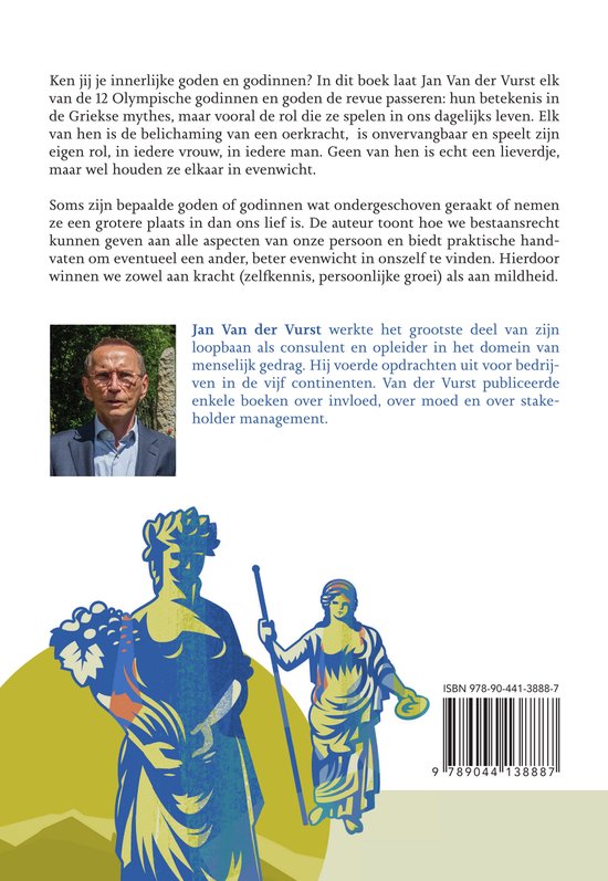 Boekomslag: Man in pak kijkt naar de camera, met illustraties van mythologische figuren en tekst. ISBN 978-90-441-3888-7.