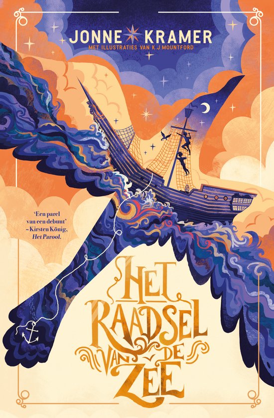 Boekcover 'Het Raadsel van de Zee'. Een schip met zeilen, dat uit een grote vogel lijkt te komen, met figuren op de mast.