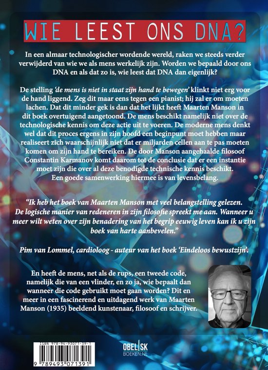 Boek kaft met de tekst 'Wie leest ons DNA?' en een portret van Maarten Manson.
