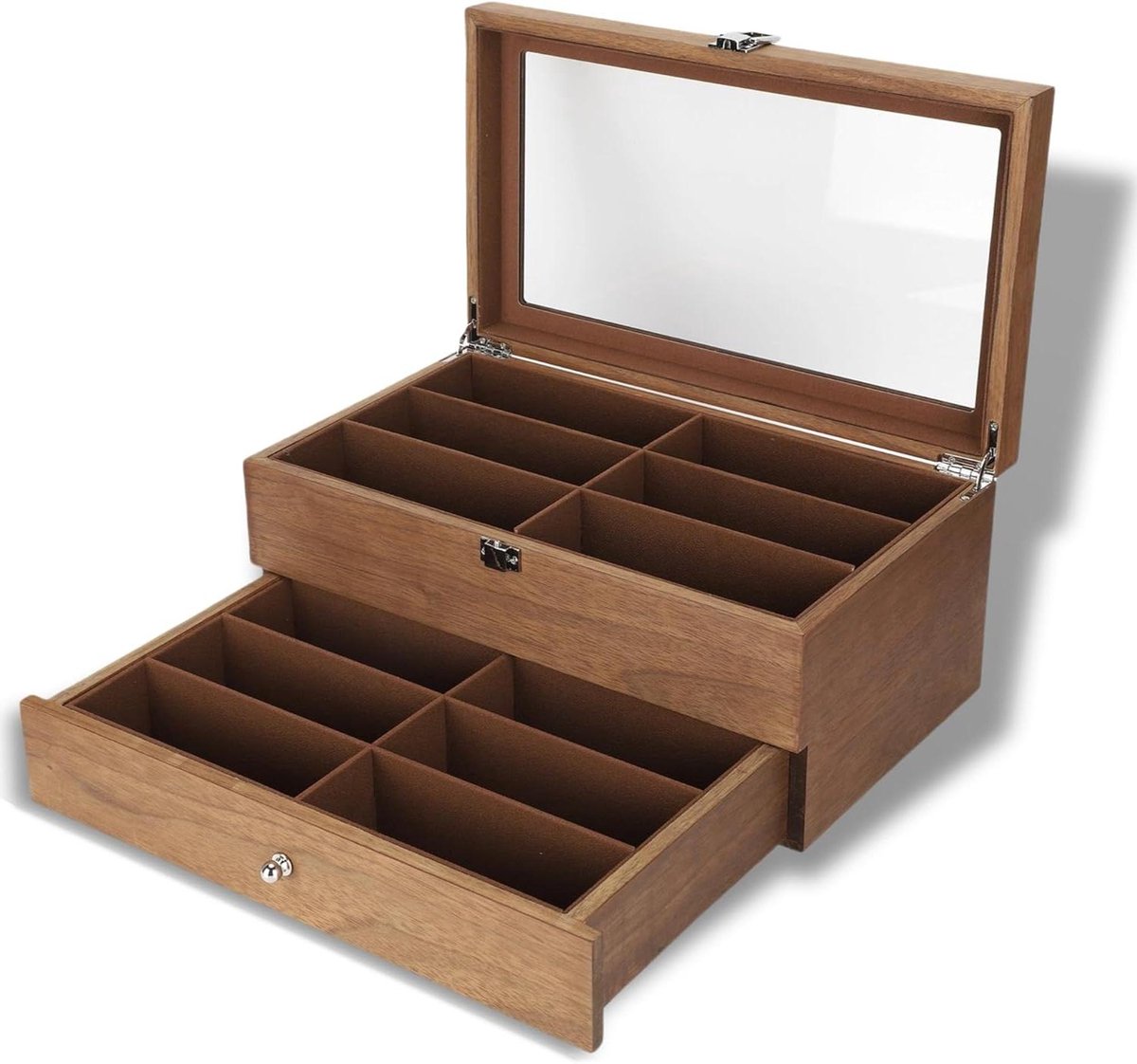 12 Slots Houten Dubbellaags Glazen Vitrine Doos Organizer Decoratie voor Display en Opslag