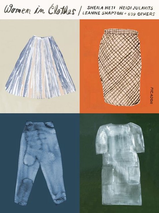Boekomslag 'Women in Clothes' met vier illustraties van kledingstukken: een geplooide rok, een geruite rok, een broek en een jurk.