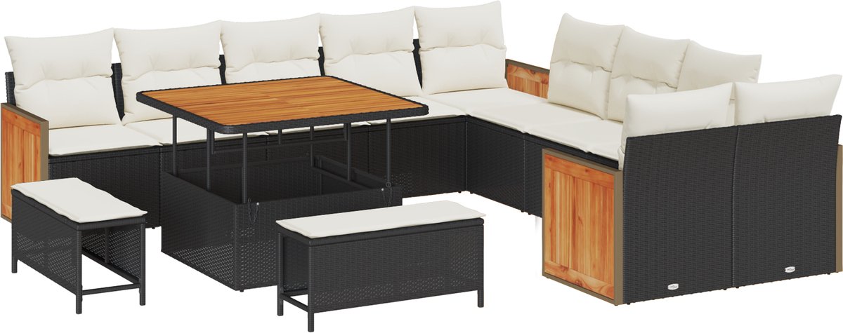 vidaXL - Tuinbank - Set - met - kussen - 17 - pcs - Zwart - en - Crème - poly - rattan