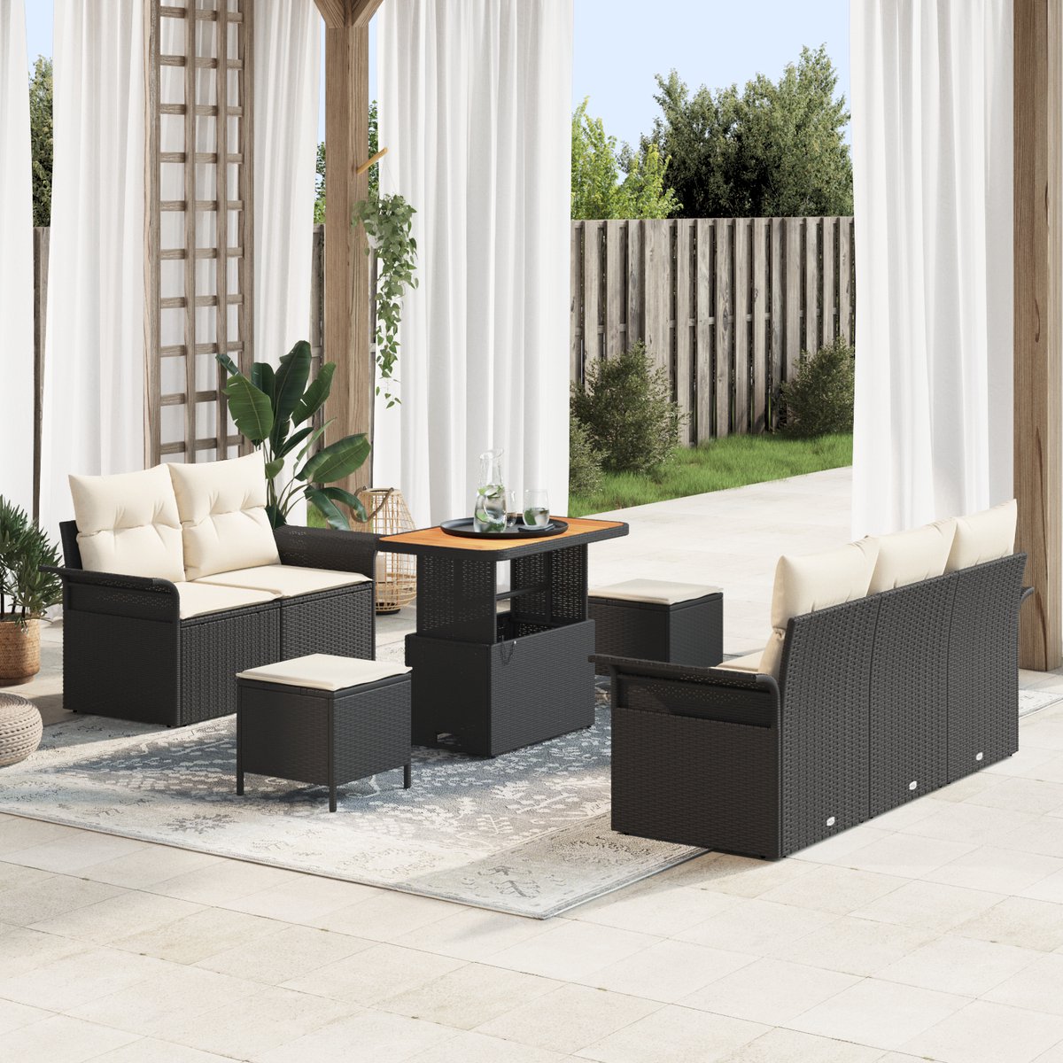 vidaXL - Tuinbank - Set - met - kussen - 8 - pcs - Zwart - poly - rattan