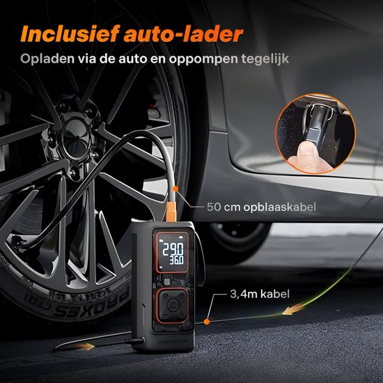 Wolfbox Elektrische Fietspomp - Luchtcompressor - voor Fiets, Scooter, Motor en Auto - Elektrische Bandenpomp - Oplaadbaar & Draagbaar - Bandenpomp - Compressor - Autobanden Pomp - Incl. Opbergzakje en Powerbankfunctie - PRO — afbeelding 4